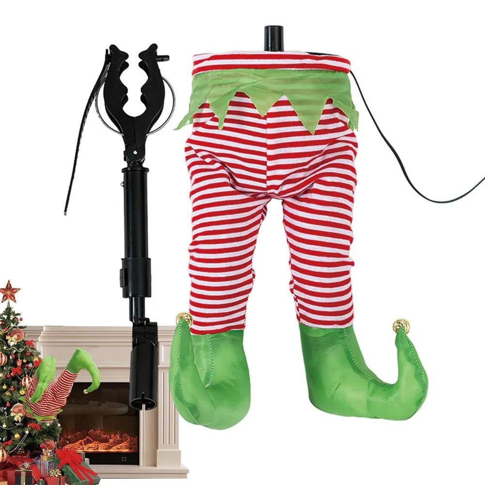 Red and green striped elf legs with curled red shoes